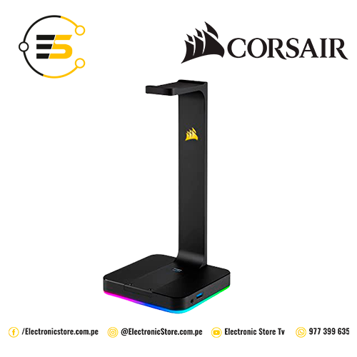 Corsair ST100 RGB Premium - Soporte para auriculares/audífonos  (construcción de aluminio duradero, iluminación RGB dinámica de 9 zonas,  entrada